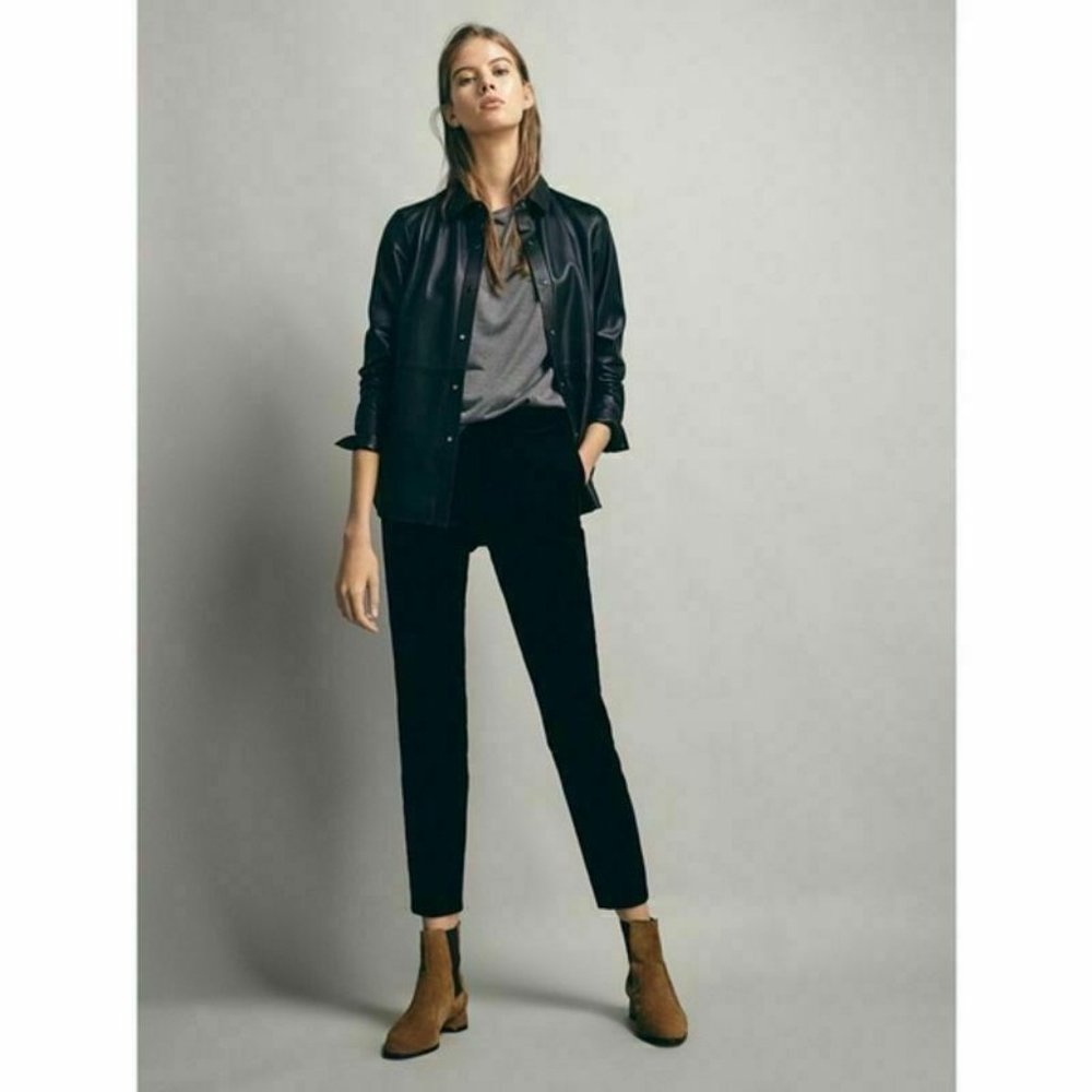 Massimo Dutti Navy Blue Velour Velvet Trouser Pants